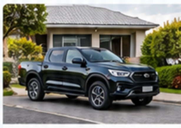 Modern pickup parked outside a home