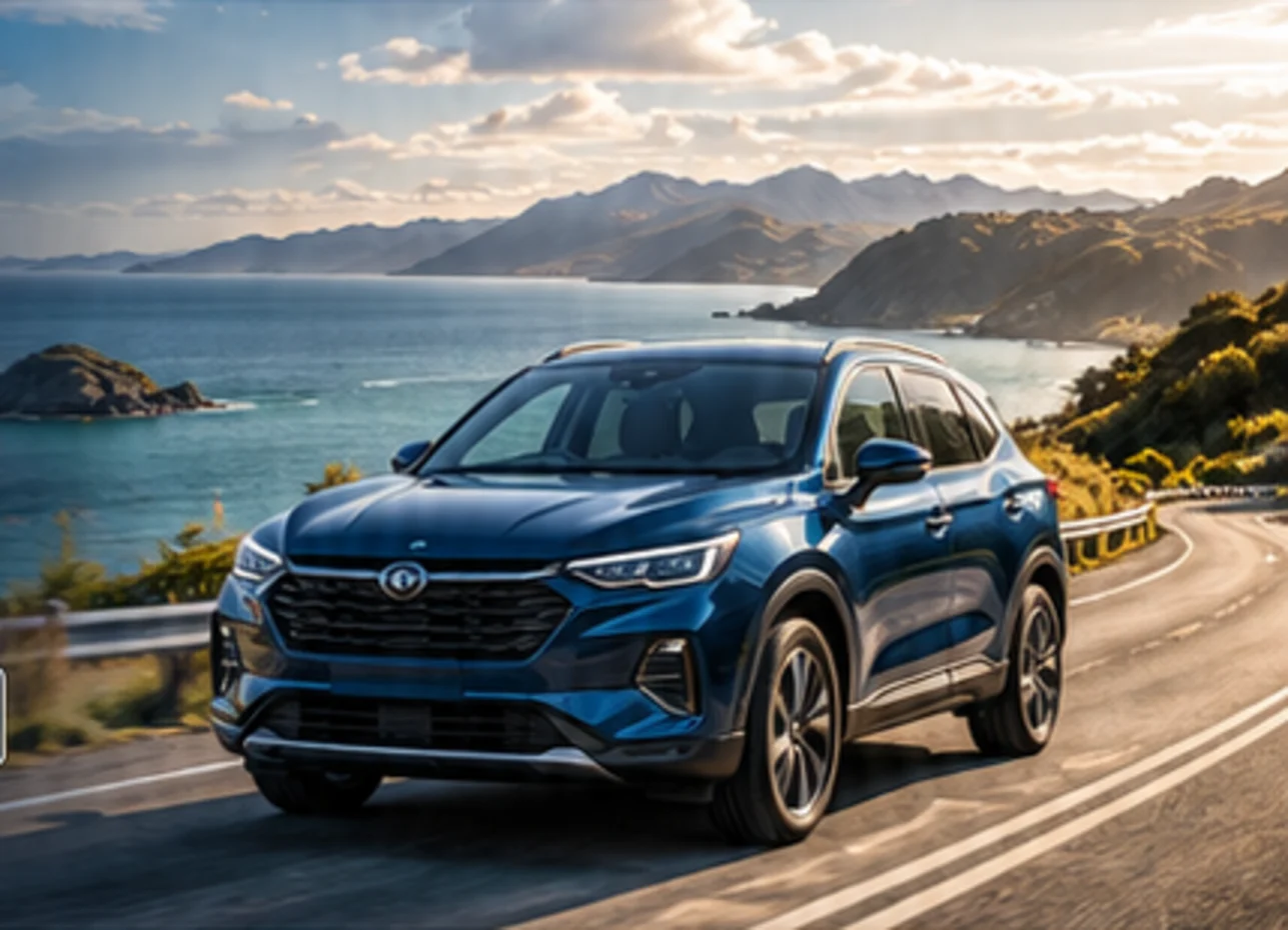Blue SUV driving along a scenic coastal road